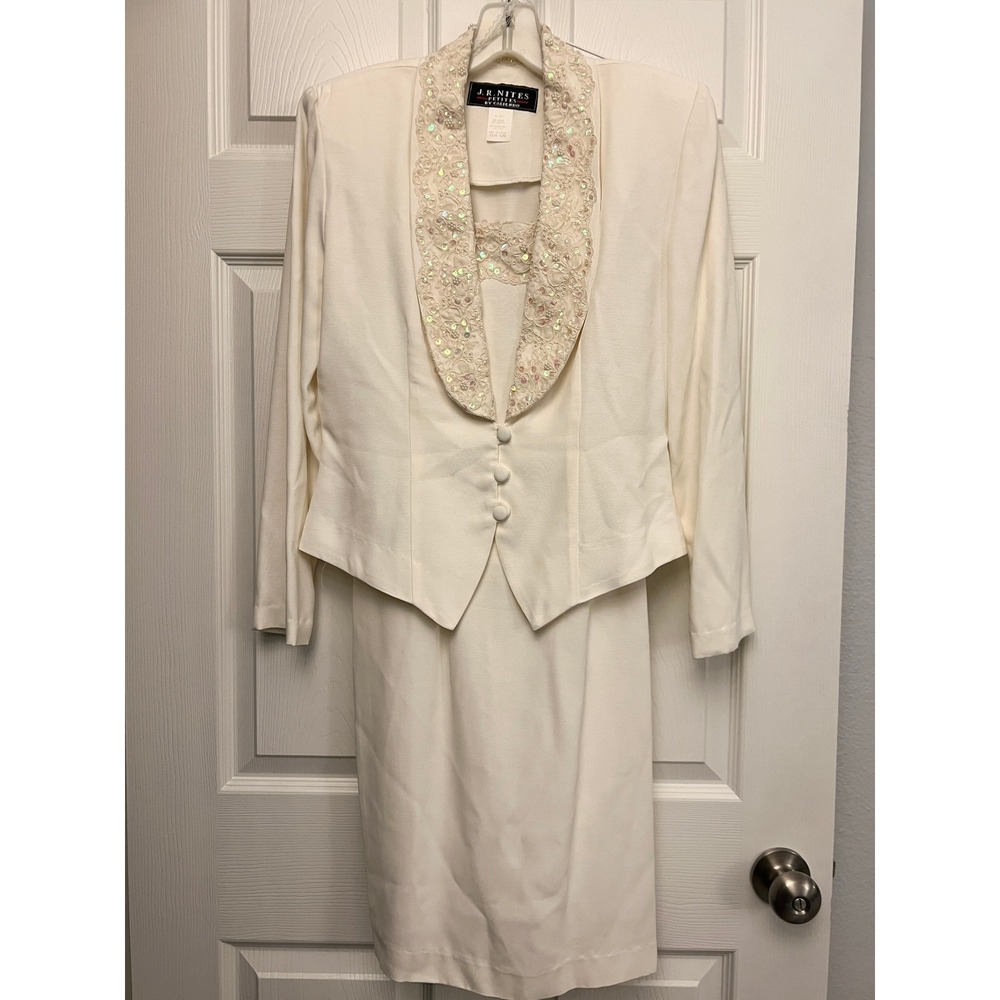 Vintage J.R. Nites by Caliendo White Beaded Sequined Lace Dress & Blazer Set